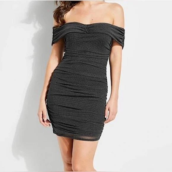 guess black off the shoulder dress GUESS USA off-shoulder Mini Dress | Black
